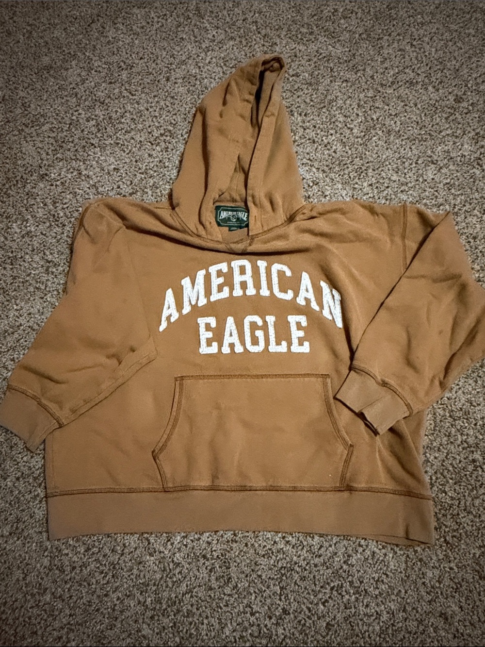 American Eagle Outfitters Camel Brown Pullover Hoodie with White Logo